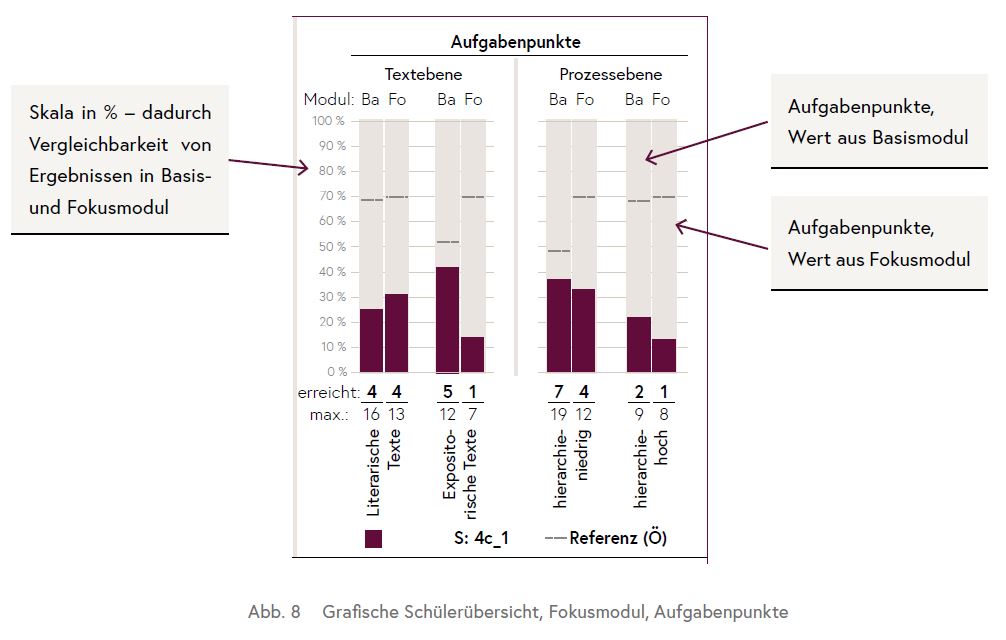 Die Grafik zeigt die Ergebnisse einer Schülerin/eines Schülers nach Durchführung eines Fokusmoduls hinsichtlich der erreichten Aufgabenpunkte.